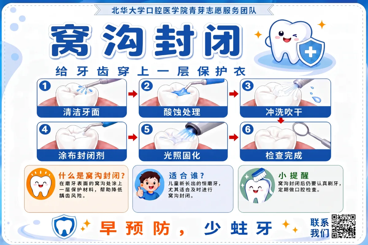 窝沟封闭科普明信片实物扫描(正面:窝沟封闭六步流程图解)